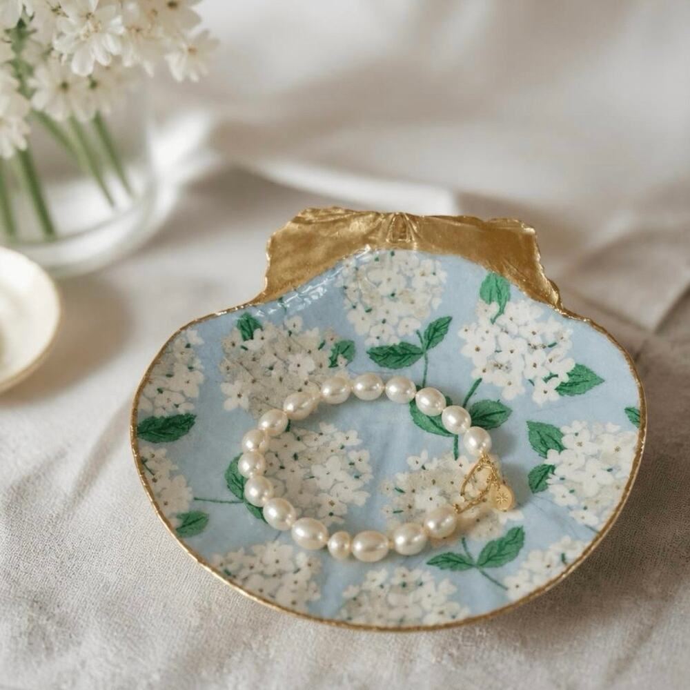 Hydrangea Jewelry Dish | Floral Decorative Shell Trinket Dish | Coastal Decor